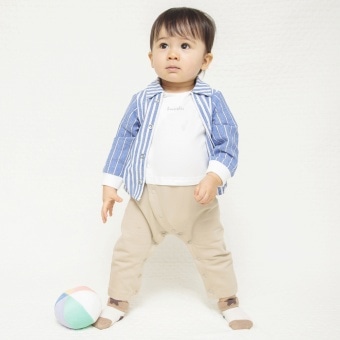 【ペア/お揃い】ストライプ柄シャツレイヤード長袖カバーオール