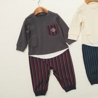 【ベビー/お揃い】レジメンタルストライプ重ね着風長袖カバーオール