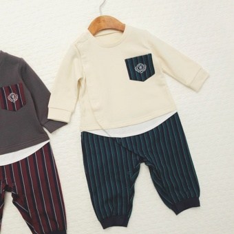 【ベビー/お揃い】レジメンタルストライプ重ね着風長袖カバーオール