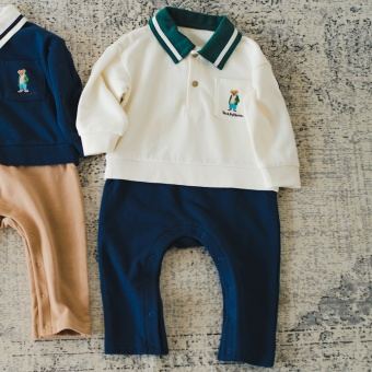 【ベビー/テディベア】ポロシャツ重ね着風長袖カバーオール