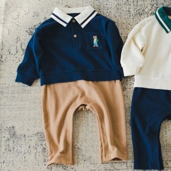 【ベビー/テディベア】ポロシャツ重ね着風長袖カバーオール