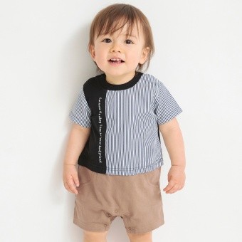 【ベビー/きょうだいおそろい】異素材使い切替半袖カバーオール