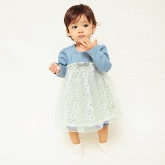 【ベビー】チュール×花柄ドッキング長袖カバーオール