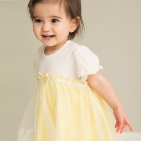 チュール使いドッキング半袖カバーオール