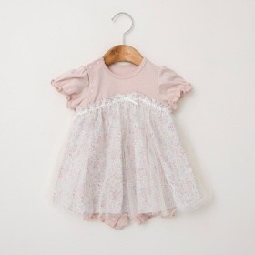 チュール使いドッキング半袖カバーオール