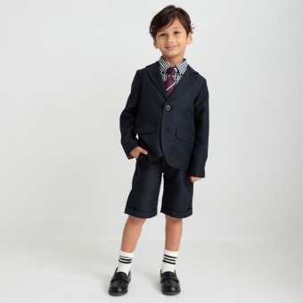 【フォーマル3点セット】(ネイビーハーフパンツ)ネイビージャケット+ハーフパンツ+ギンガムシャツ_(クーポン対象外)