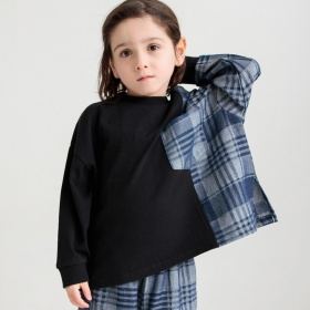 先染めチェックデニム切り替え長袖Tシャツ