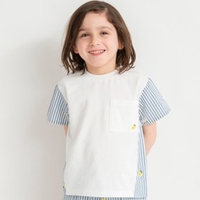 【おそろい】レモン＆フラワー総柄刺しゅう切替半袖Tシャツ