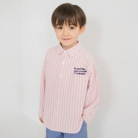 【おそろい】ストライプ柄ロゴ刺しゅう長袖シャツ