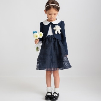 【フォーマル3点セット】ジャケット（ネイビー）＋シャドーチェックジャンパースカート＋コサージュ（アイボリー）