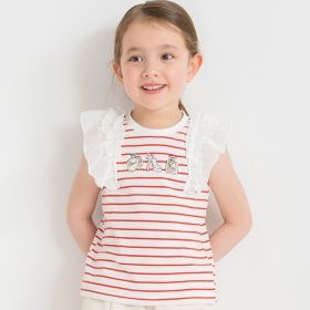 モチーフ刺繍肩フリルTシャツ