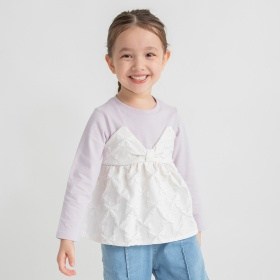 【おそろい】リボン柄ドッキング長袖Tシャツ