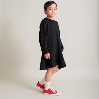 【DRC/やわらか薄手裏毛】裾フレア切替・袖ボリューム長袖ワンピース