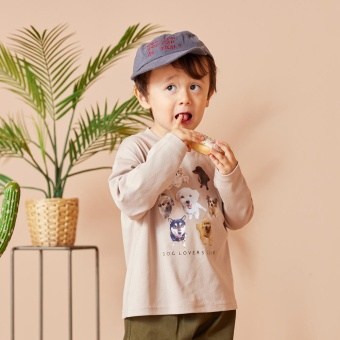 スイーツ / アニマル(犬/猫) プリント ロゴ スパンフライス長袖Tシャツ